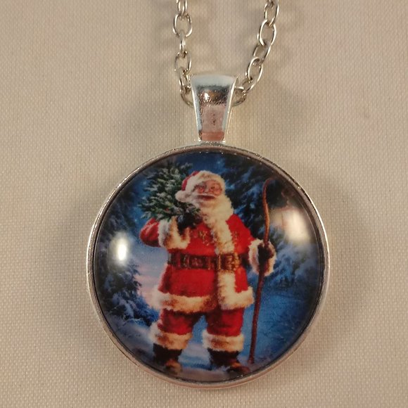 Silver Santa Claus Cabochon Pendant Necklace 20" Party Gift - Picture 2 of 3